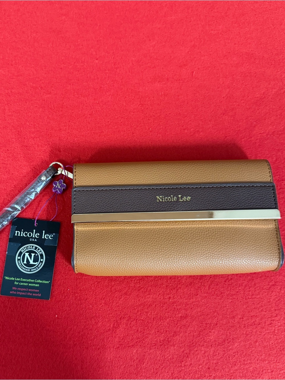 Nicole Lee Two-Tone Tan and Dark Brown Women's Wristlet Wallet with Gold Accent